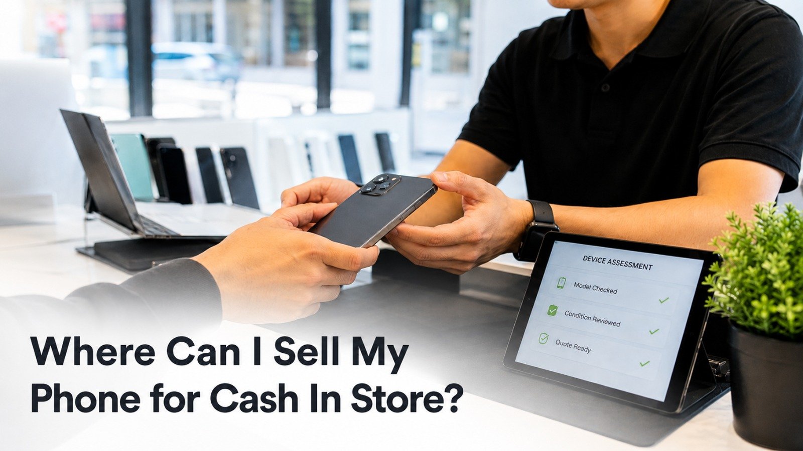 Customer handing over a smartphone for an in-store device assessment and cash offer.